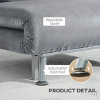 Grey sleeper chair close-up with ruched arm, corner stitching, and padded feet