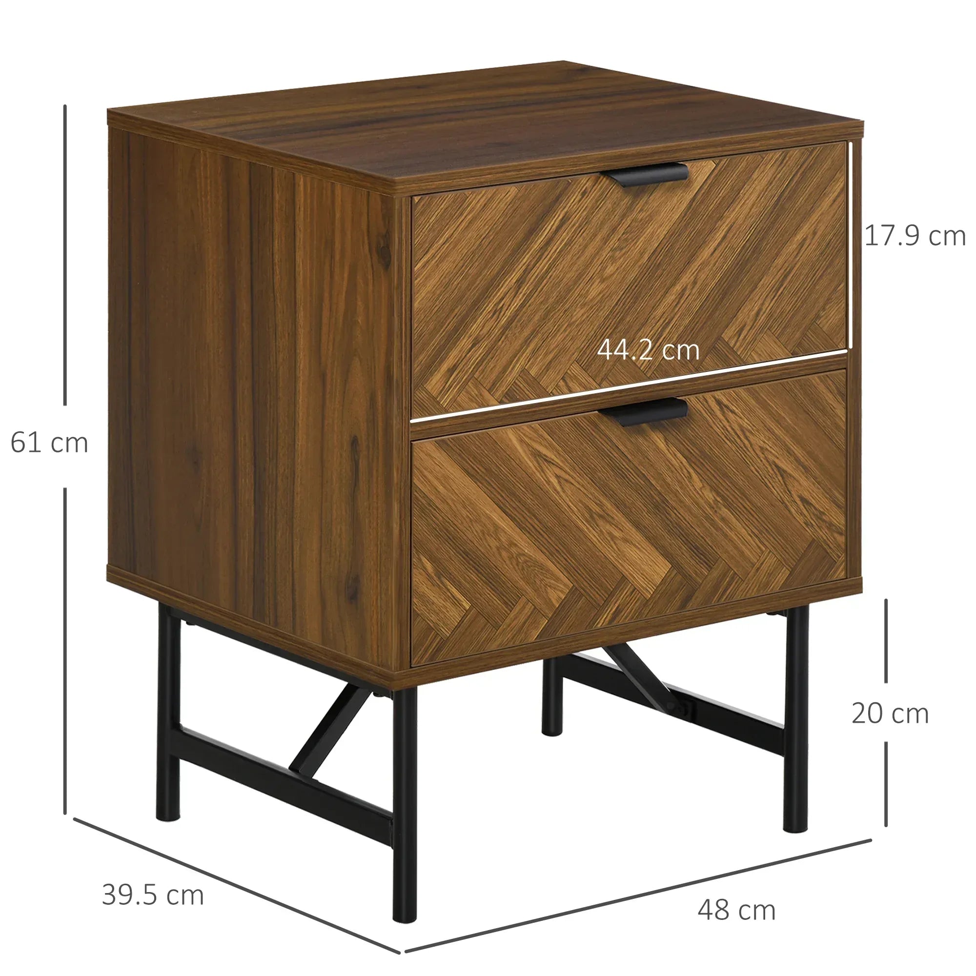 Bedside Table with Two Drawers, Side Cabinet Storage Unit with Metal Handles, Organisation Furniture for Living Room, Bedroom, Walnut Brown - Bobobiy