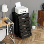 Black seven-drawer filing cabinet on casters with curved drawer pulls