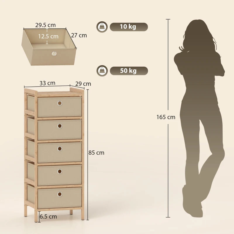 Front view narrow bamboo-frame chest with five cream fabric drawers and round pull handles