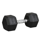 Black 12.5 kg rubber hex dumbbell with knurled silver handle and weight markings