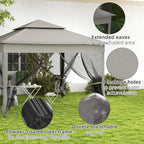 Dark grey double-roof gazebo with extended eaves and mesh netting side panels