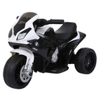 Kids electric ride-on motorbike, black-and-white BMW R2 design with chunky wheels and seat.