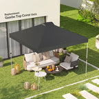 Dark grey gazebo roof cover on pop up frame over patio seating area