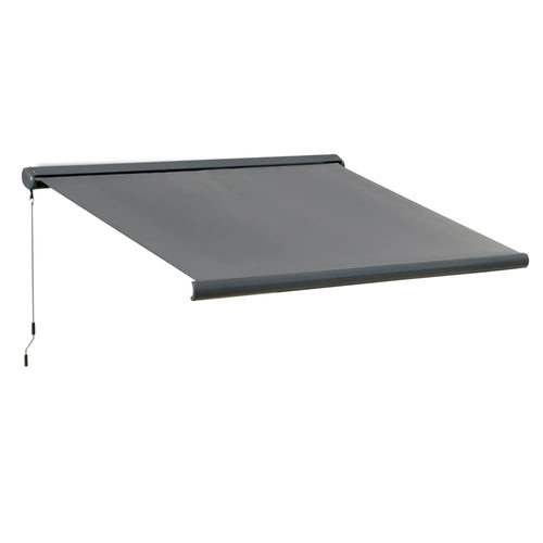 Grey electric retractable awning with slanted canopy and side support arms