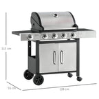 Gas barbecue grill trolley with stainless hood, five burner knobs, and side shelf