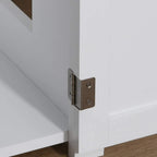 White wooden cat litter box enclosure hinge detail on cabinet door