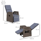 Brown reclining rattan armchair with footrest and blue-grey cushions; size diagram