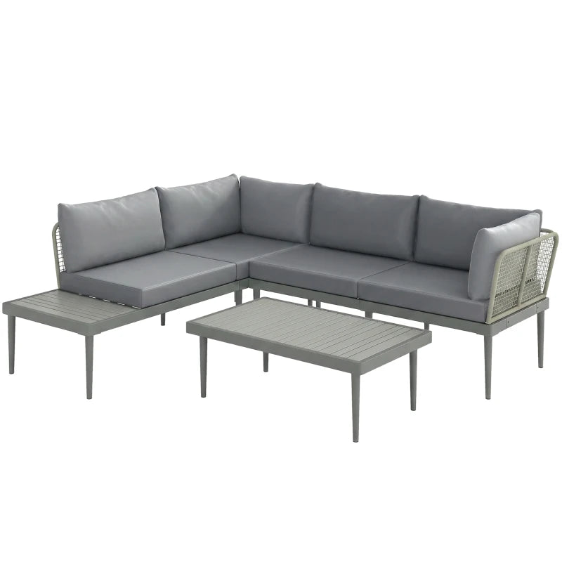Grey L-shape rattan sofa set with light grey cushions and matching coffee table