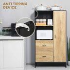 Freestanding kitchen cupboard with anti-tipping strap near base and open door