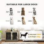 Grey pet crate furniture end table with front black wire doors for larger dogs