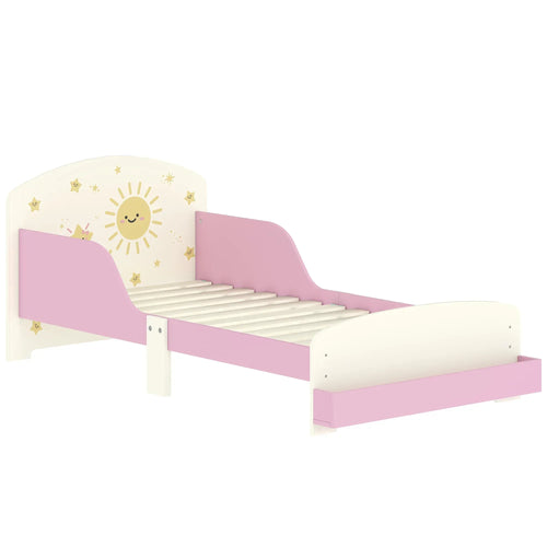 Pink toddler bed with low guardrails, curved headboard, and sunny wall decal on the side.
