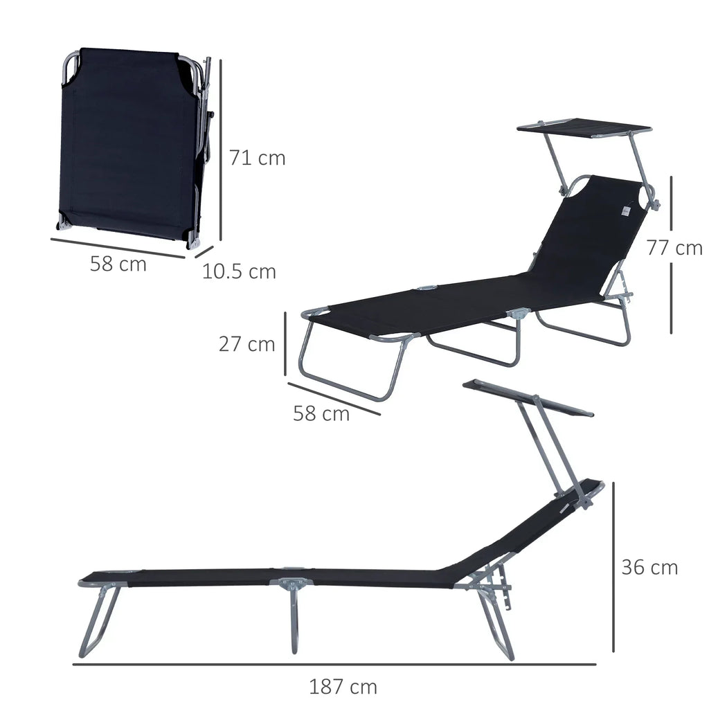 2 Pieces Outdoor Foldable Sun Lounger, 4 Level Adjustable Backrest Reclining Sun Lounger Chair with Angle Adjust Sun Shade Awning for Beach, Garden, Patio, Black - Bobobiy