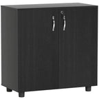 Black two-tier locking office storage cabinet with double doors and curved silver handles