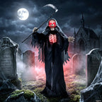 Animated grim reaper holding a large scythe, black robe, red skull eyes, glowing ribs