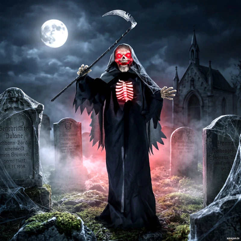 Animated grim reaper holding a large scythe, black robe, red skull eyes, glowing ribs