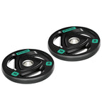 Black tri-grip rubber-coated Olympic weight plate, 10 kg, 5 cm center hole