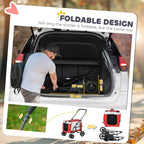 Foldable dog stroller shown in a car trunk with size markings and bundled frame