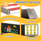 Grey kids sandpit detail showing striped canopy, chalkboard panel, and board game