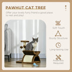 Brown cat tree with sisal post, plush platforms, and dangling ball toy