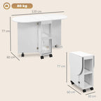 White drop-leaf dining table dimensions view, with caster wheels shown at corners