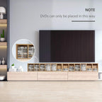 Natural wood media shelf tower with multiple open compartments for storing media