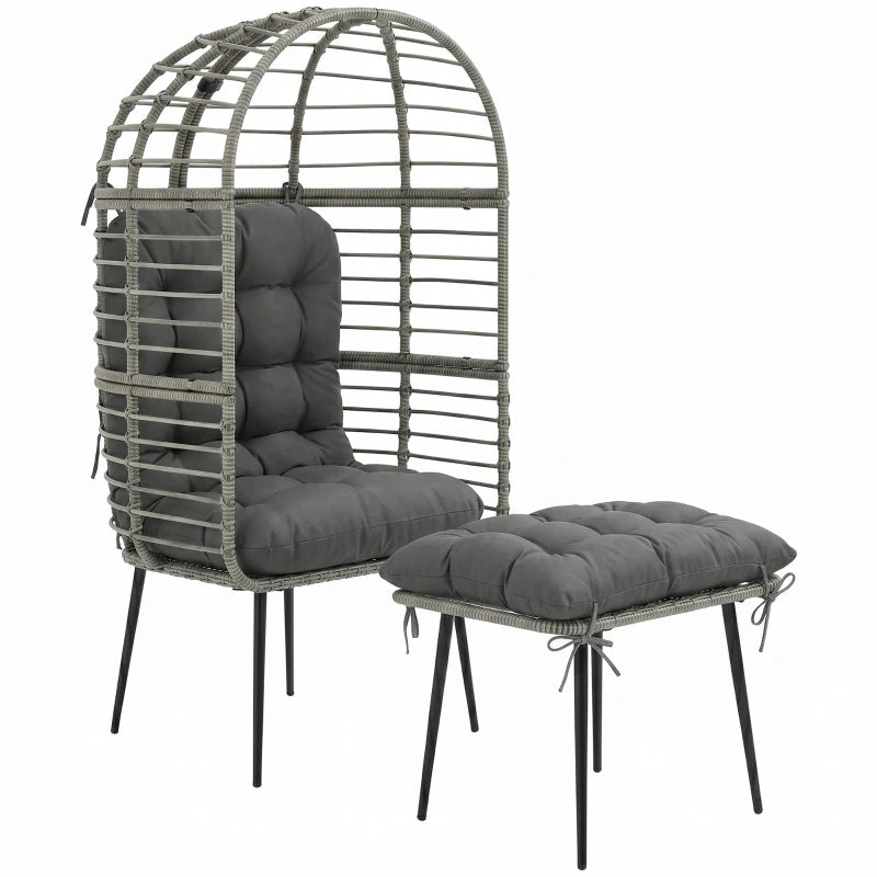 Light grey egg lounge chair with thick cushioned seat and matching footstool