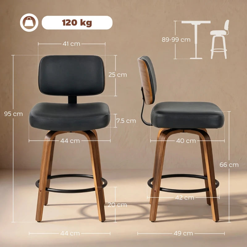 Black padded bar stool pair, curved back, swivel seat, round footrest, light wood legs