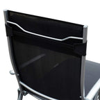 Close-up of folding lounge chair armrests and backrest, black mesh sling on gray frame