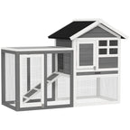 Grey and white outdoor wooden small animal hutch with wire run and roof shelter