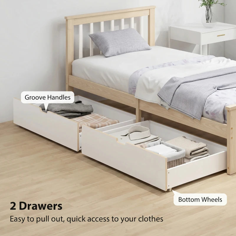 Pine single storage bed with headboard, groove handles, and two pull-out drawers