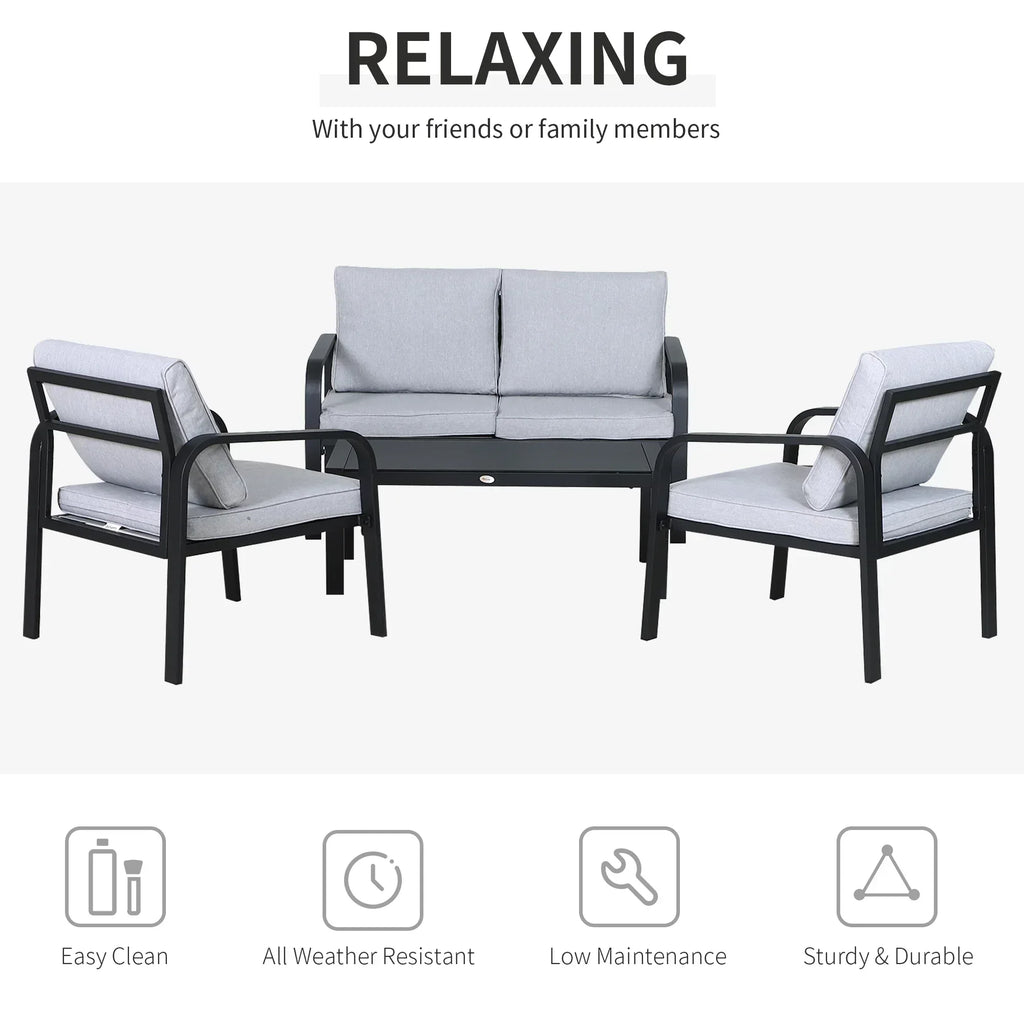4pcs Garden Sofa Set 2 Single Armchair, 1 Bench & 1 Coffee Table Set Aluminum Frame Patio Furniture with Cushions, Black - Bobobiy