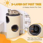 Beige sisal cat tree post with dark plush top perch and side cave openings, indoor use