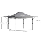 Grey pop-up gazebo frame with roof and visible height/width dimensions