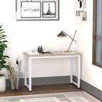 White writing desk with light wood top and metal frame in a home office
