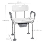 White shower stool with arms and backrest, padded seat and detachable bucket (with size marks)