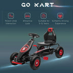 Kids pedal go-kart with enclosed chain, black seat and frame with red wheel rims