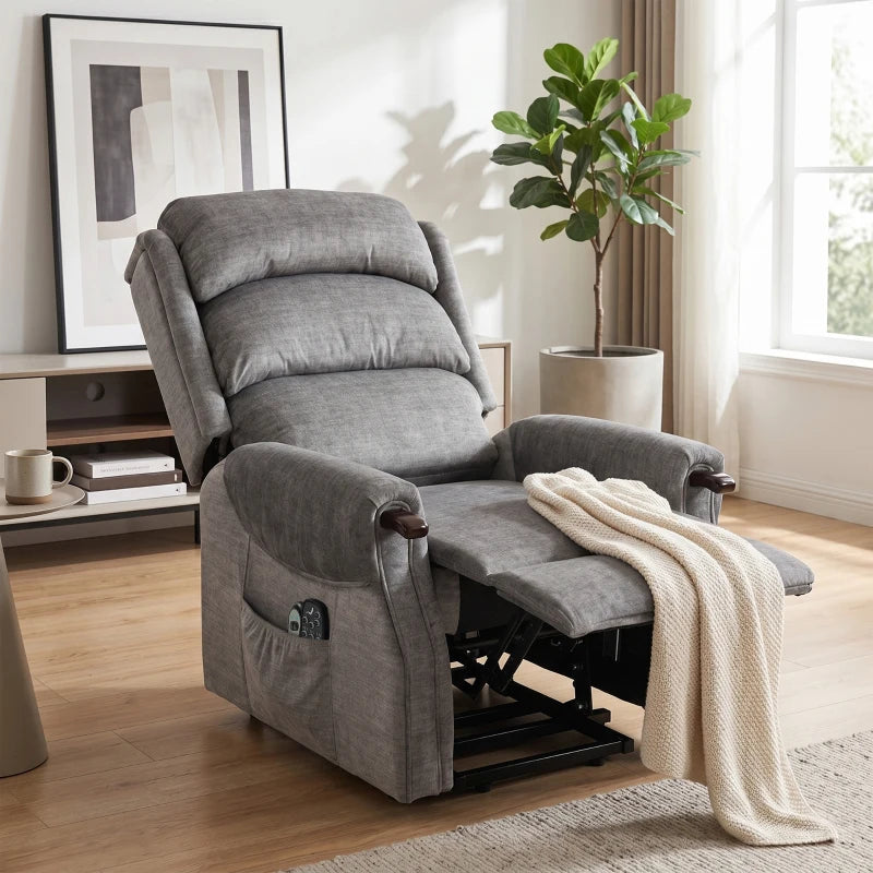 Light grey fabric power lift recliner with open footrest and dark grip control panel