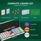 Complete casino poker set kit with chips, dice, playing cards, and carrying case and mat