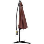 Coffee hanging patio umbrella with closed cover on dark freestanding base stand