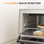 Cream mini oven interior showing wire rack at two adjustable rack positions