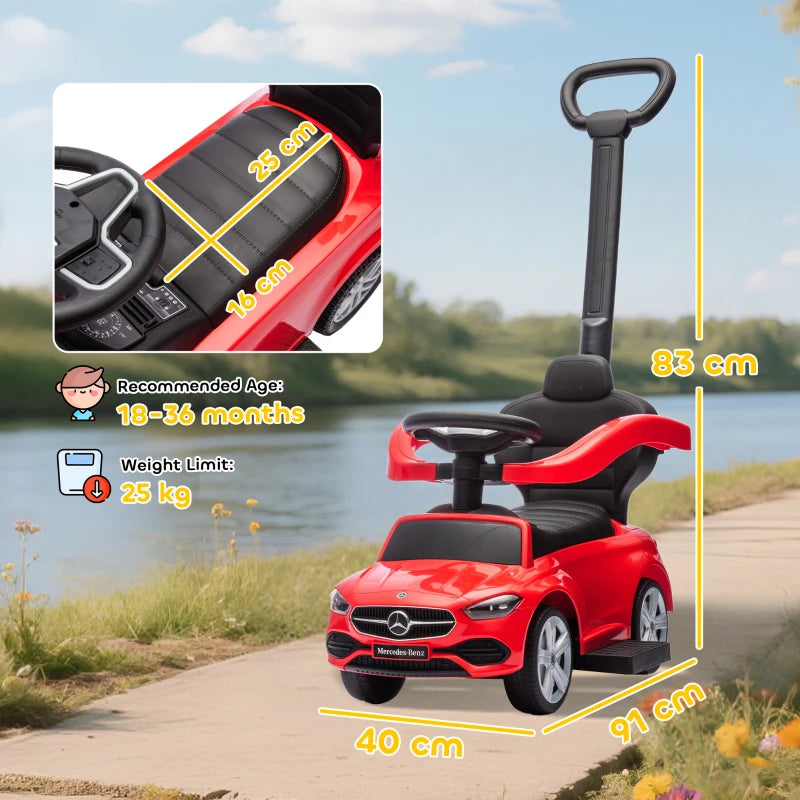 Red Mercedes-Benz C-Class ride-on push car with tall handlebar and molded seat