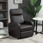 Dark brown recliner armchair with push-back design, padded backrest, and side pocket