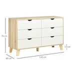6-drawer dresser with white drawers and light brown wood body; side view with measurements