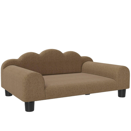Brown elevated dog sofa bed with scalloped backrest, cushioned seat, and armrests