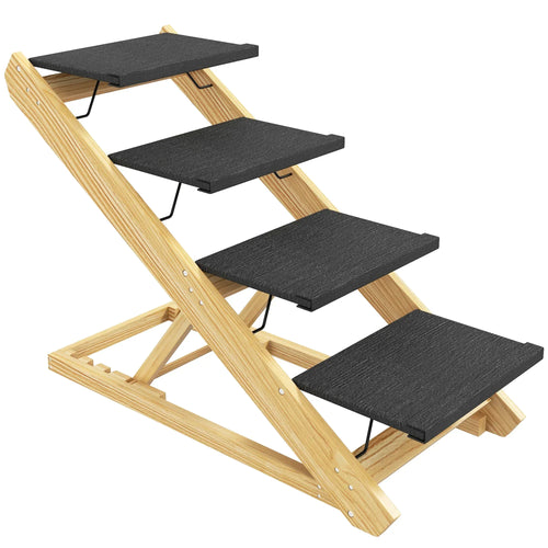 Natural wood 4-step dog ramp with black non-slip treads and folding frame
