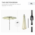 Beige tilting umbrella with two-section pole design for storage, ribbed canopy