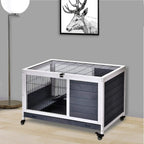 Grey and white animal hutch with wire cage door and lift-top, on caster wheels