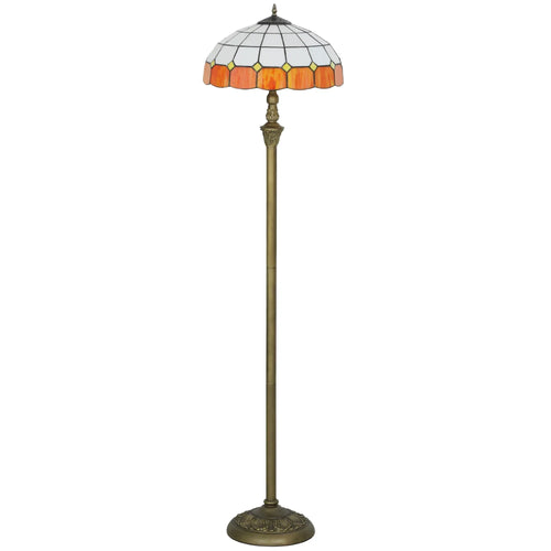 Bronze vintage floor lamp with orange stained-glass dome shade and metal base