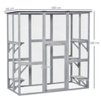 Light grey wooden cat enclosure with wire mesh sides and interior steps, shown with measurements.